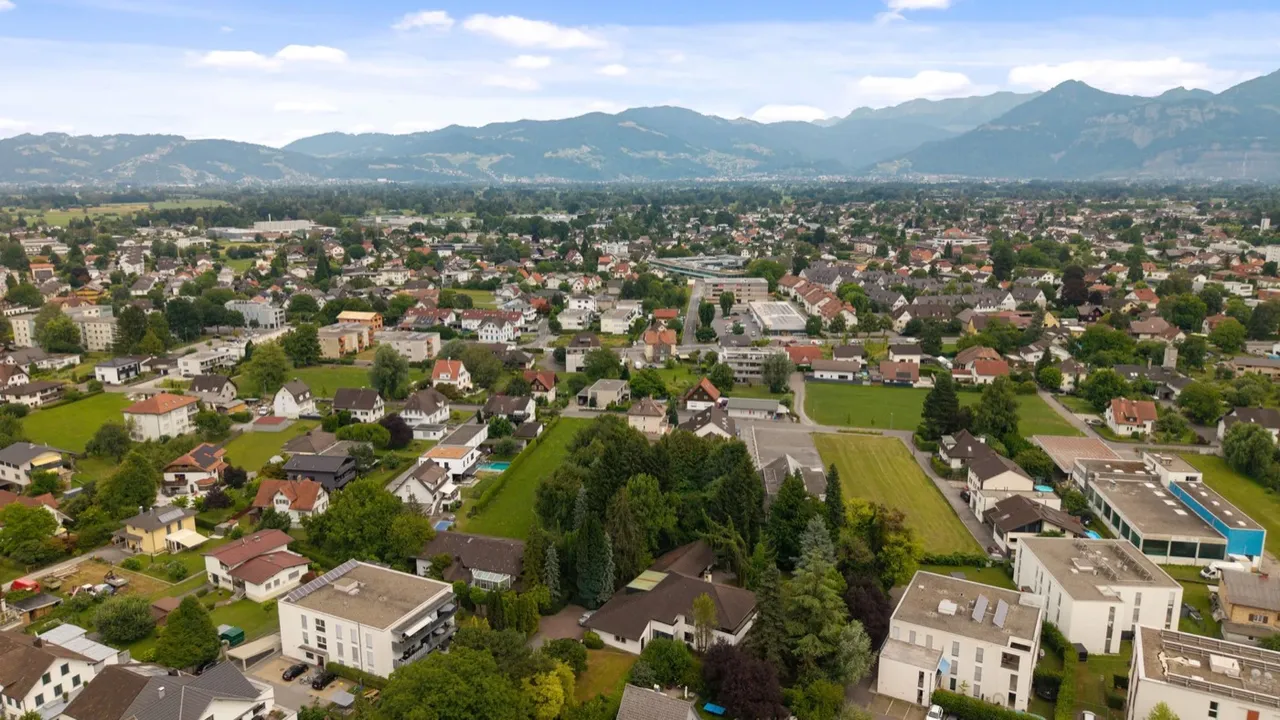 Blick über Lustenau und das Rheintal zu den Bergen